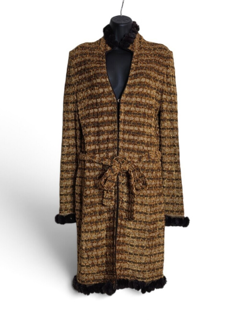 Vintage St John Sport Marie Gray Rabbit Fur Trim Wool Belted Sweater Coat Medium - Picture 3 of 13